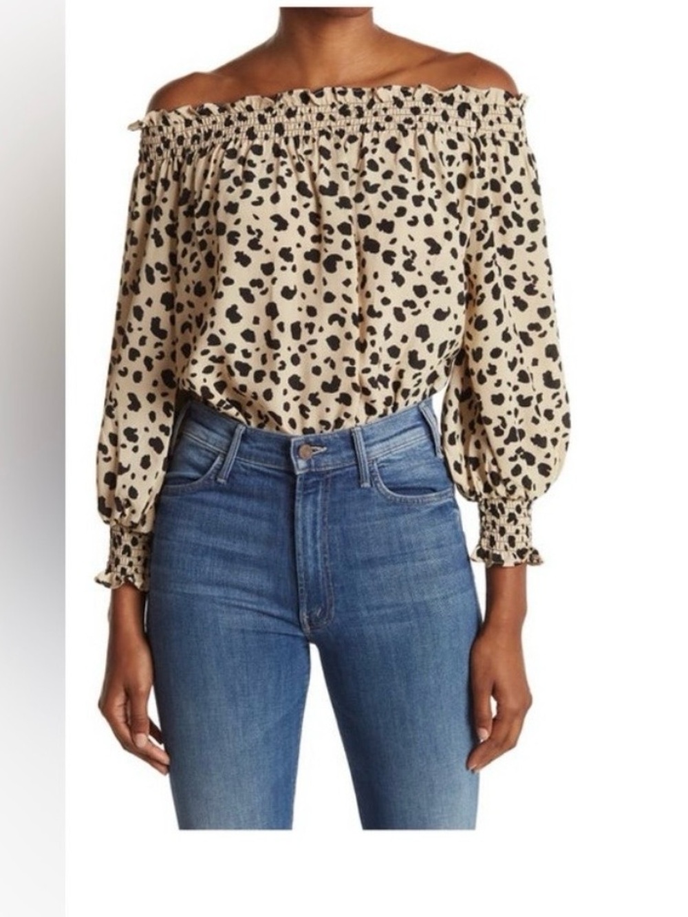 Wayf Beige Off-Shoulder Leopard Print Bodysuit, size S. Like new.